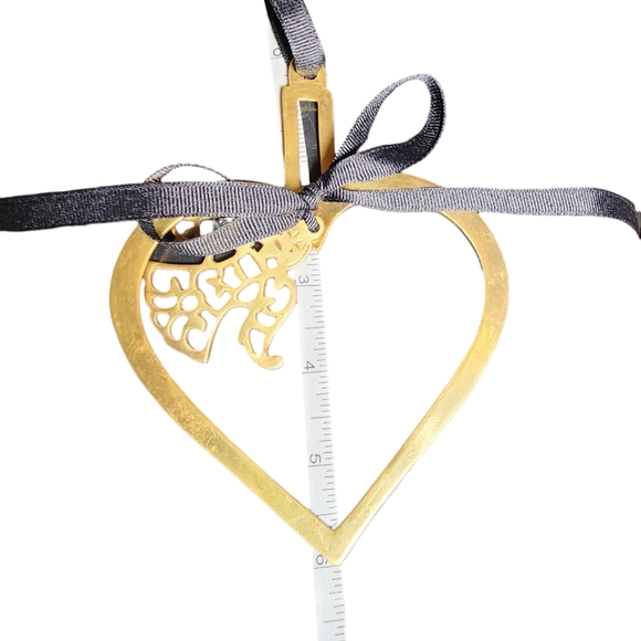 Vintage Brass Heart With Center Angel & Black Ribbon Christmas Ornament 6"X4.5" - Picture 8 of 9